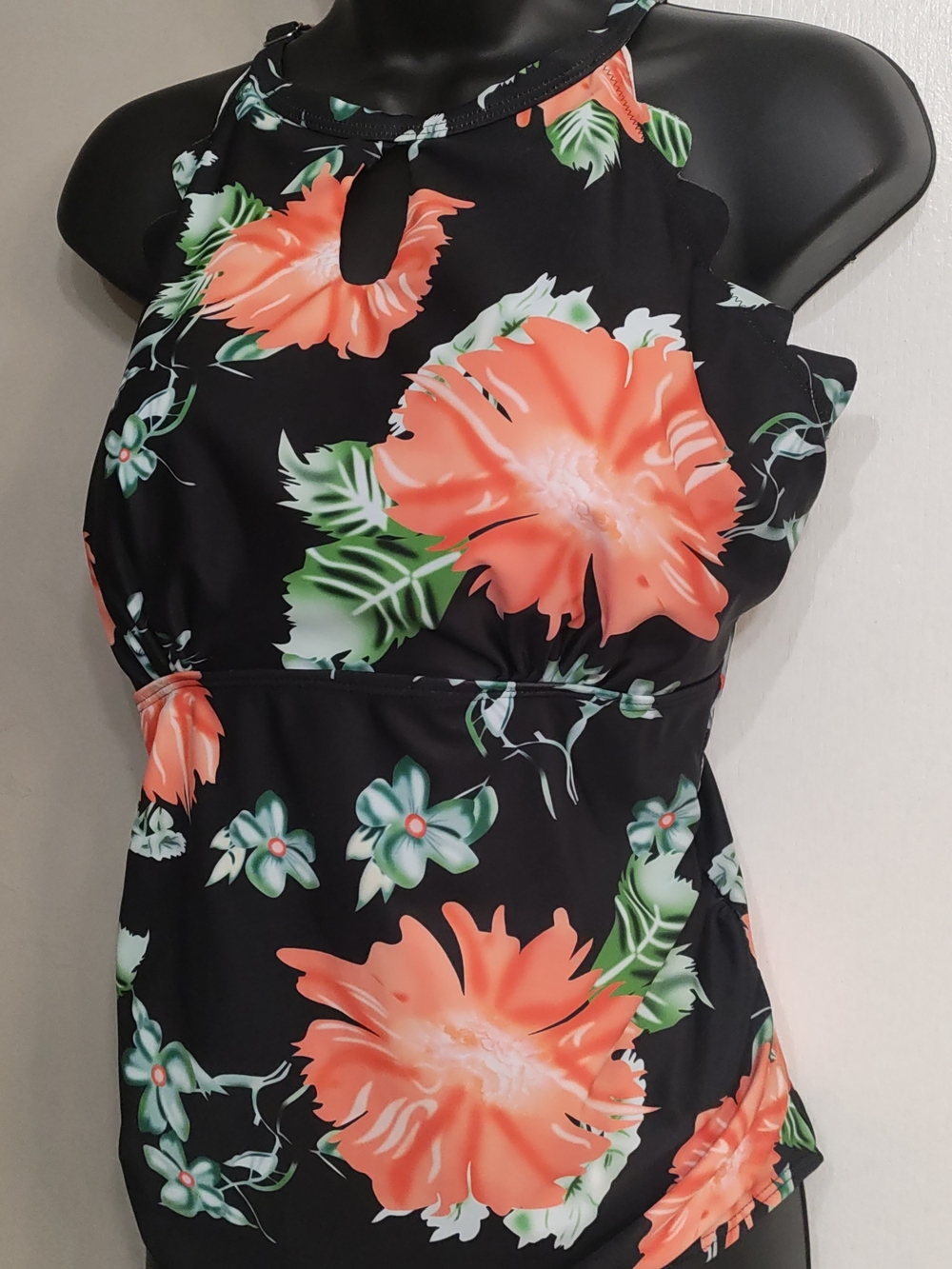 Black Floral Wanliss 1pc Swimwear with Coral Flowers